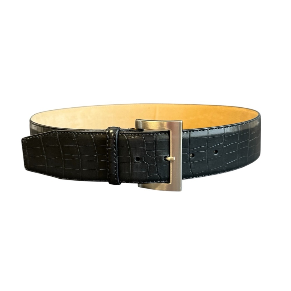 Vintage Wide Waist Belt Black Leather Alligator Embossed Moc Croc Womens Medium‎